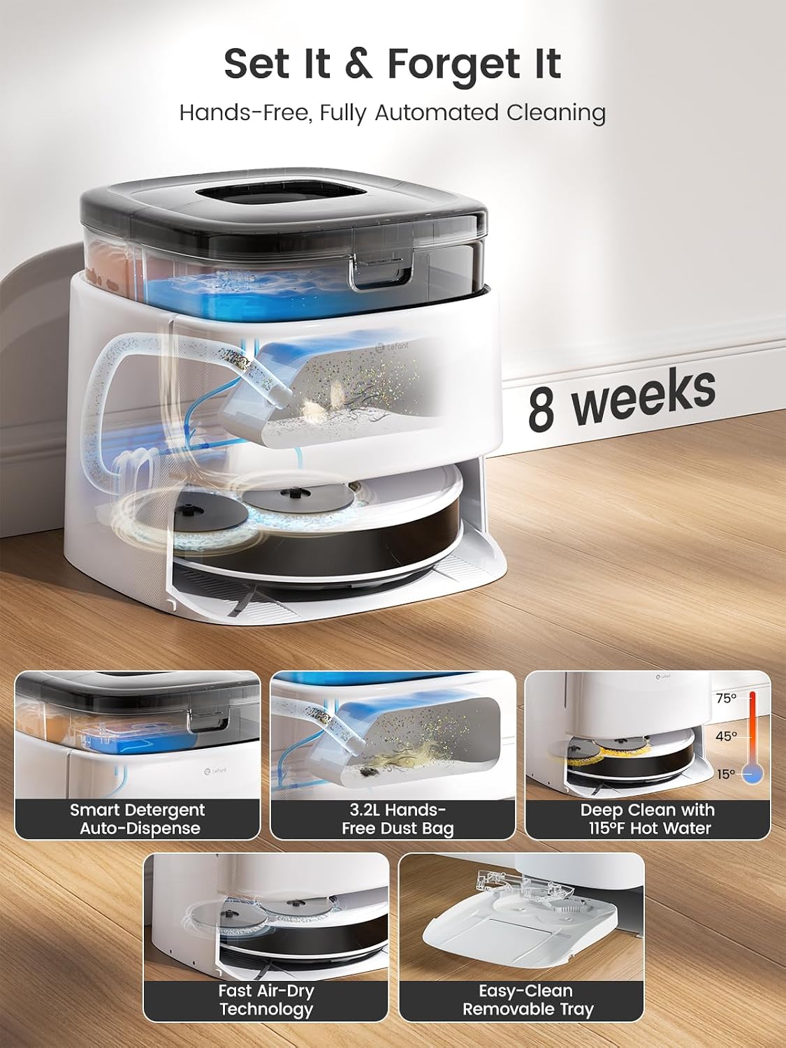 Lefant M3 Robot Vacuum, Auto Mop Washing, 12000Pa Suction, Self-Emptying & Refilling, 9mm Mop Lifting, 200RPM Spinning Mops, Smart Obstacle Avoidance, White