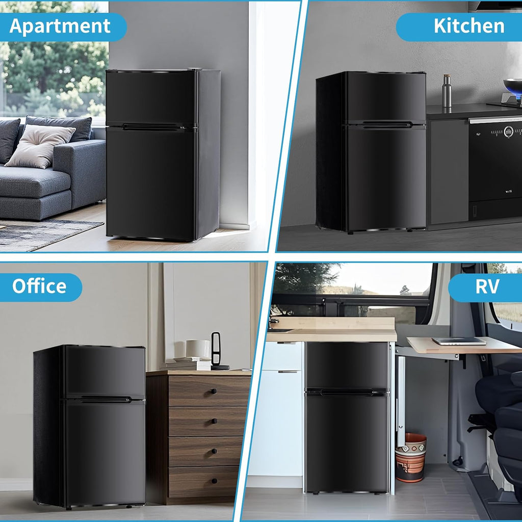 3.2 Cu.Ft Mini Fridge with Freezer, Double Door Small Refrigerator, Dorm Fridge with 3 Adjustable Thermostat, Energy Saving, Low Noise, Compact Refrigerator for Office, Bedroom, Dorm, Black