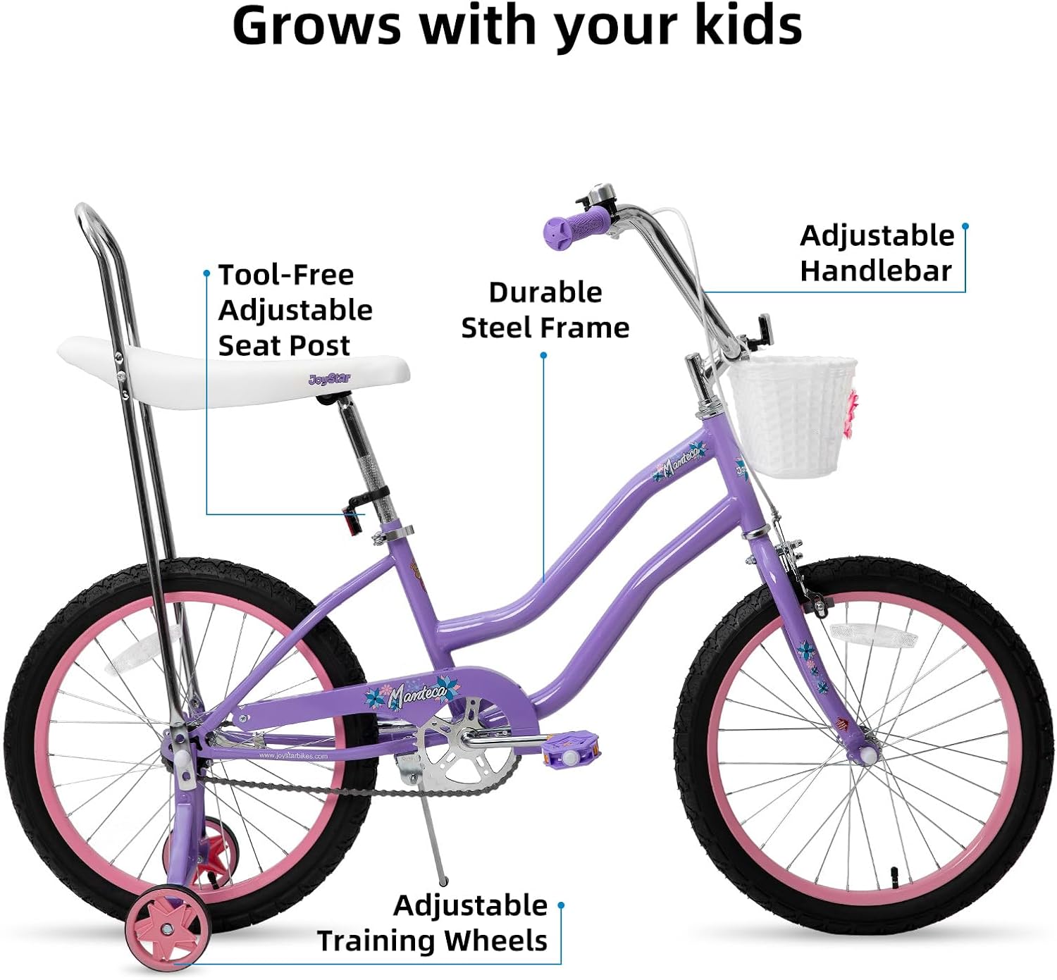 JOYSTAR Manteca 20 Inch Kids Bike with Training Wheels, Banana Seat Bike for Girls Ages 6 and Up, Kids' Bicycle, Adjustable Seat & Handlebars