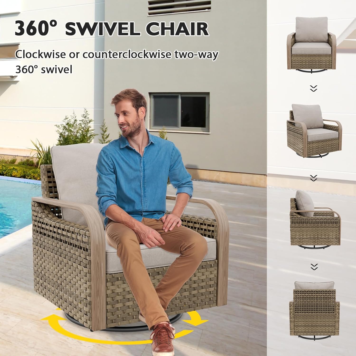 EAGLE PEAK Modern Wicker Outdoor Glider Rocking Chair, Swivel Rocker, Rattan Patio Furniture for Yard Deck Porch Garden, 1 Chair, Brown/Gray