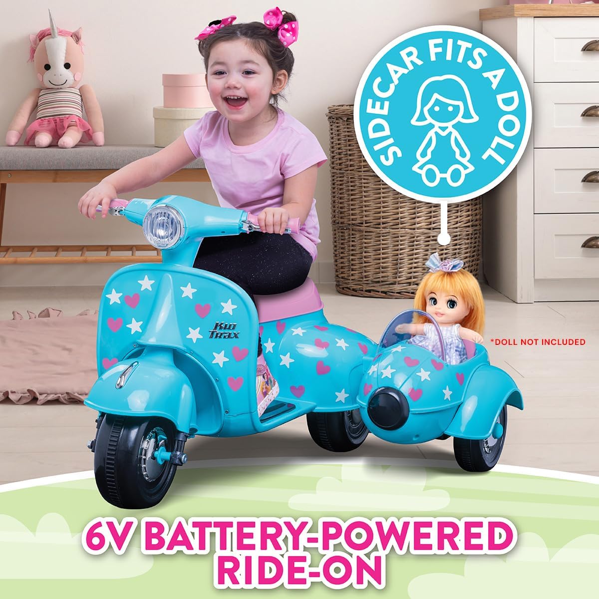 Kid Trax 6V Starlight Scooter with Sidecar for Kids, Ages 18-30 Months, Maximum Rider Weight: 44 lbs.