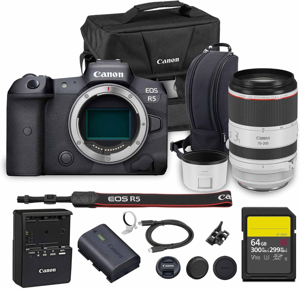 Canon EOS R5 Mirrorless Camera | 45MP Full Frame Sensor 8K Video | in-Body Image Stabilization and Dual Pixel AF for Hybrid Creators (4147C002) + Canon RF 70-200mm Lens + 64GB Card + Bag