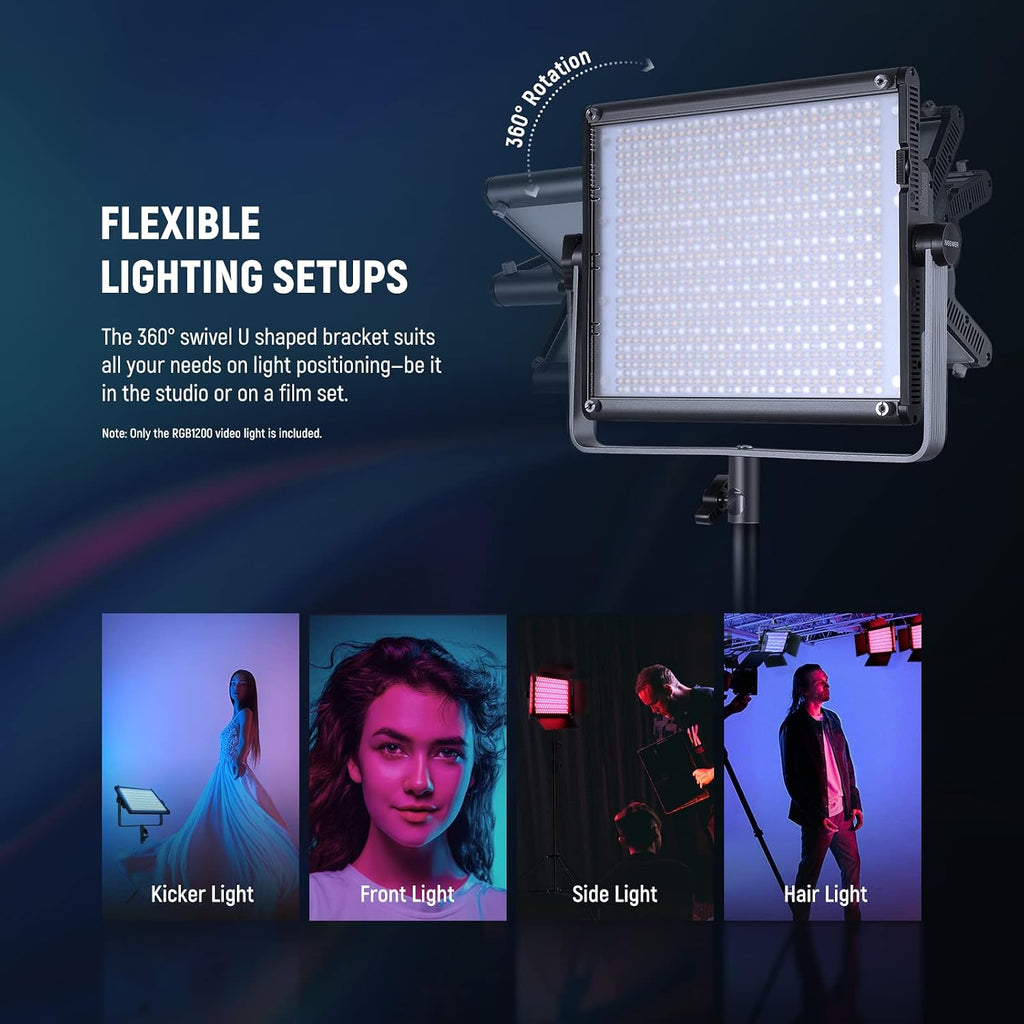 NEEWER RGB1200 RGB LED Video Light Panel with APP/2.4G Control, 60W Studio Photography Lighting 22000Lux@0.5m/1% Precise Min Dimming/360° Full Color/ CRI97+/TLCI98+/2500K-8500K/18 Effect with Barndoor