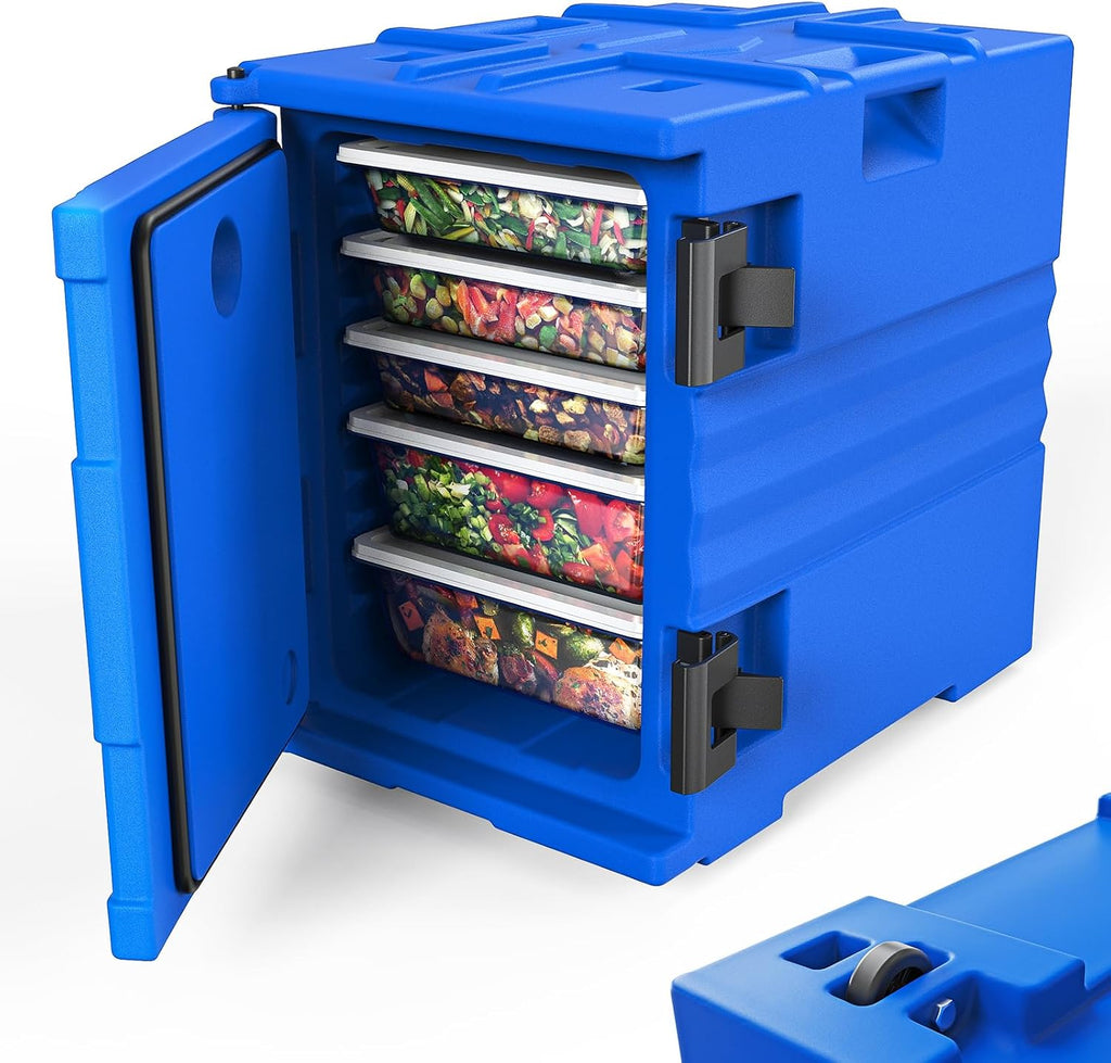 ROVSUN 82 QT Insulated Food Pan Carrier, Hot Box Food Warmer for 5 Full-Size Pan w/Wheels Double Buckles and Handles, Stackable Hot Boxes for Catering Restaurant Canteen Family Party