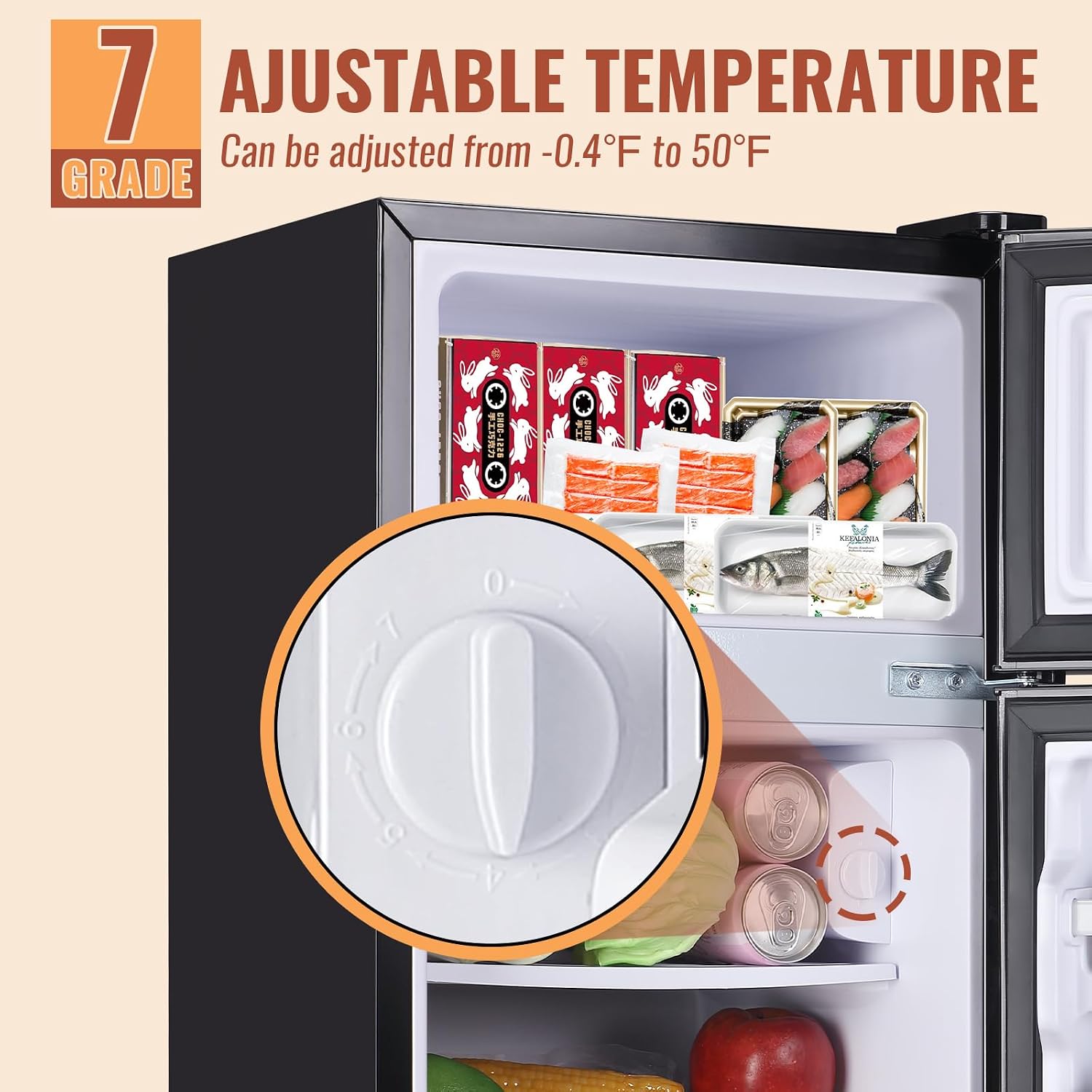 DEMULLER 2.4 Cu.ft Mini Fridge with Double Doors Small Refrigerator with Separate Freezer & 7 Adjustable Temperature Control, Tiny Size & Personal Fridge Ideal for Office Apartment Dorm Black
