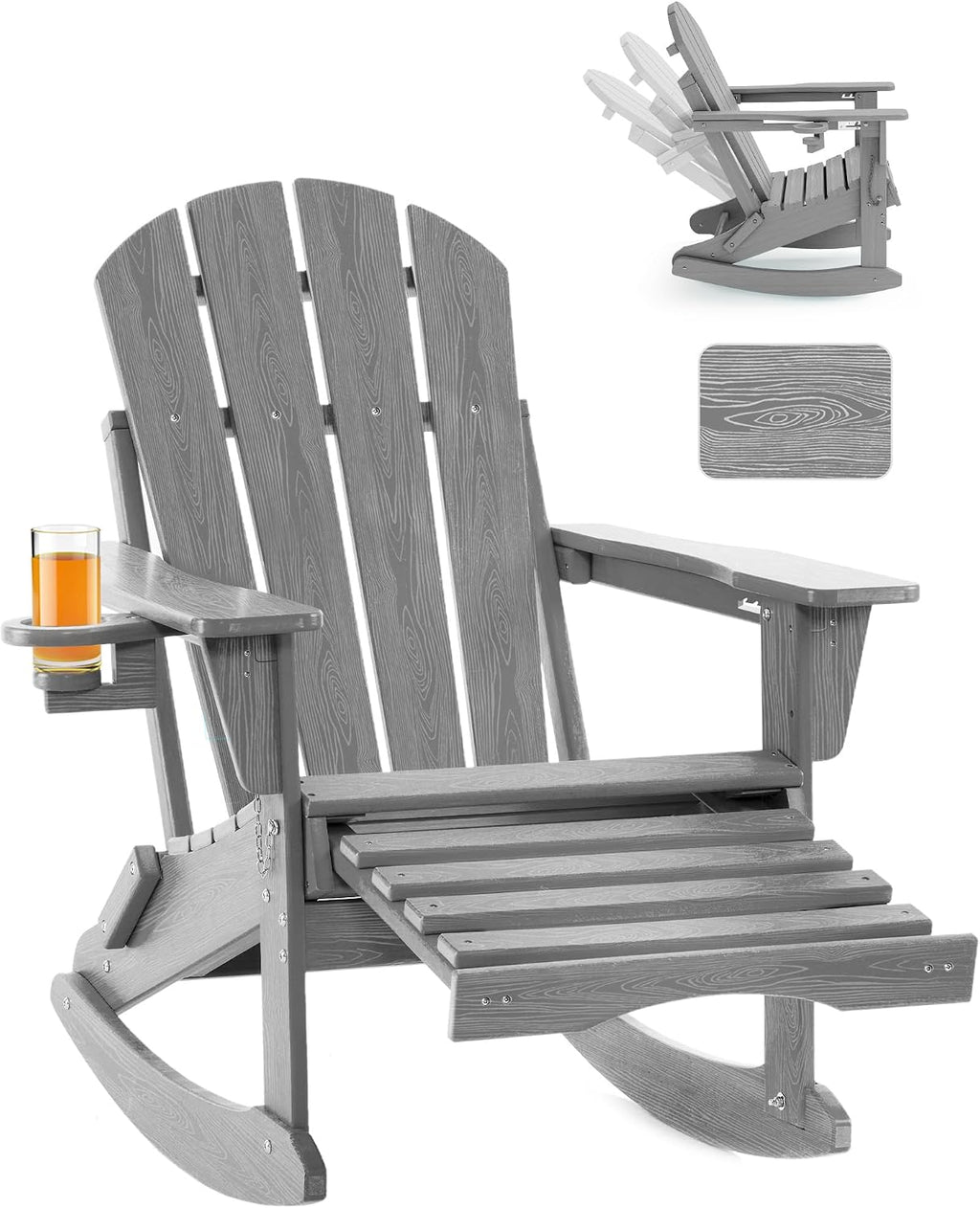 Adjustable Adirondack Rocking Chair with Retractable Ottoman, 4-in-1 Multifunctional Folding Patio Chair with Cup Holder, Outdoor Chair Wood Texture for Lawn, Porch, Backyard, Pool(Grey)