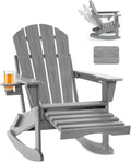 Adjustable Adirondack Rocking Chair with Retractable Ottoman, 4-in-1 Multifunctional Folding Patio Chair with Cup Holder, Outdoor Chair Wood Texture for Lawn, Porch, Backyard, Pool(Grey)