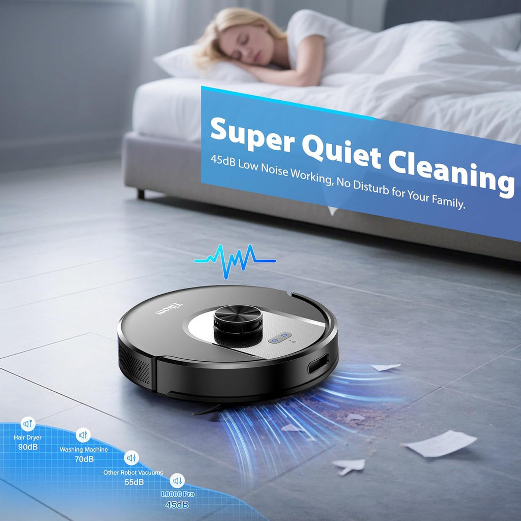Tikom Robot Vacuum and Mop Combo, 6000Pa Automatic Robotic Vacuum Cleaner, Smart Mapping, 150 Min Max, Ideal for Pet Hair, Hardfloors, Carpets, Home(L8000 Pro)