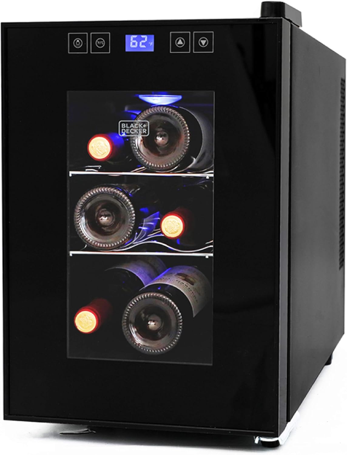 BLACK+DECKER 6 Bottle Wine Fridge, Thermoelectric Small Wine Cooler, Mini Wine Fridge with Triple Pane Clear Glass Door, BD60016