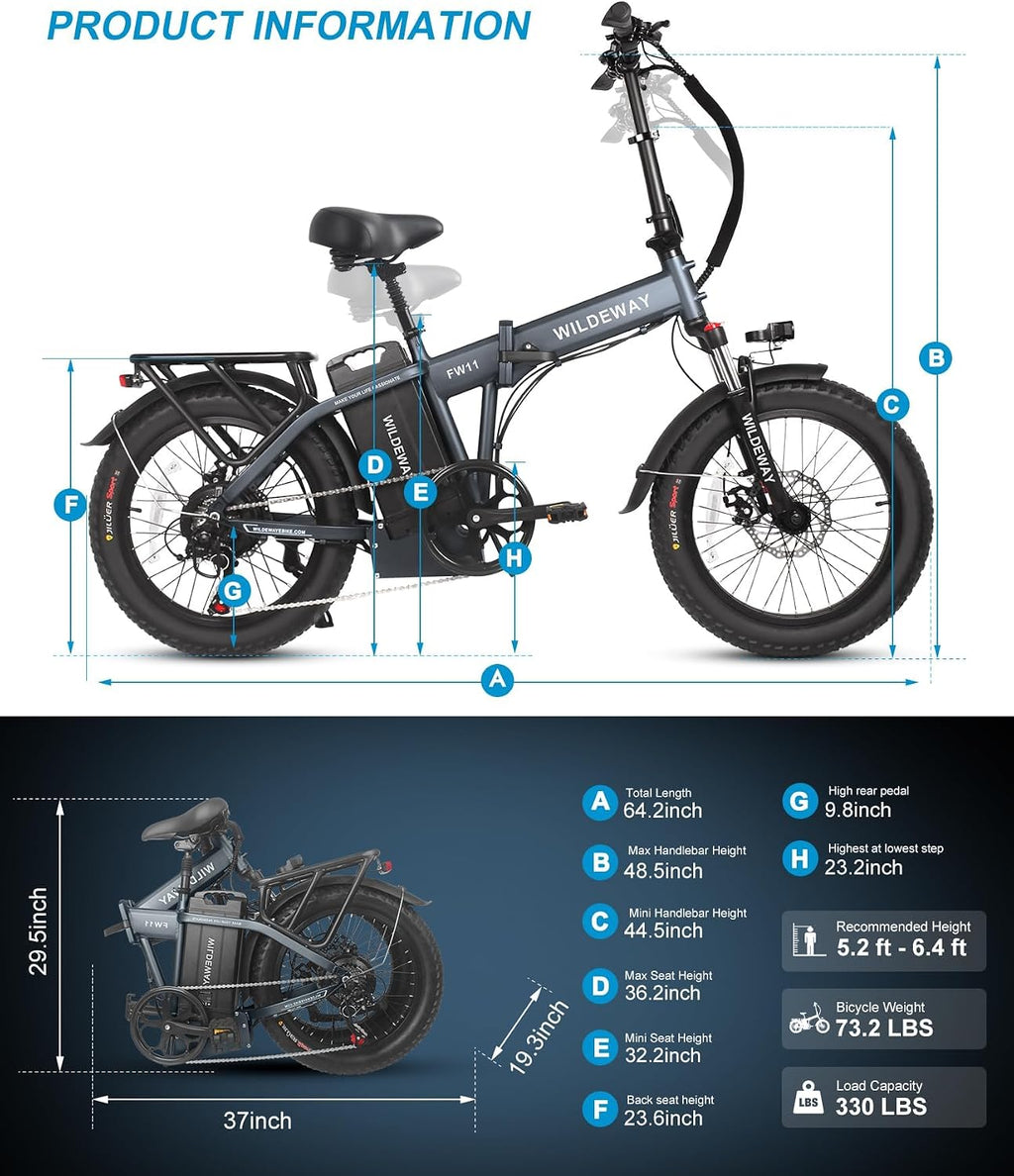 Wildeway Folding Electric Bike for Adults with 750W Motor 32Ah Battery Long Range FW11 Ebike 20 * 3.0 Fat Tire Foldable Adults Electric Bicycle for Men Women City Commuter Delivery 2 Seat