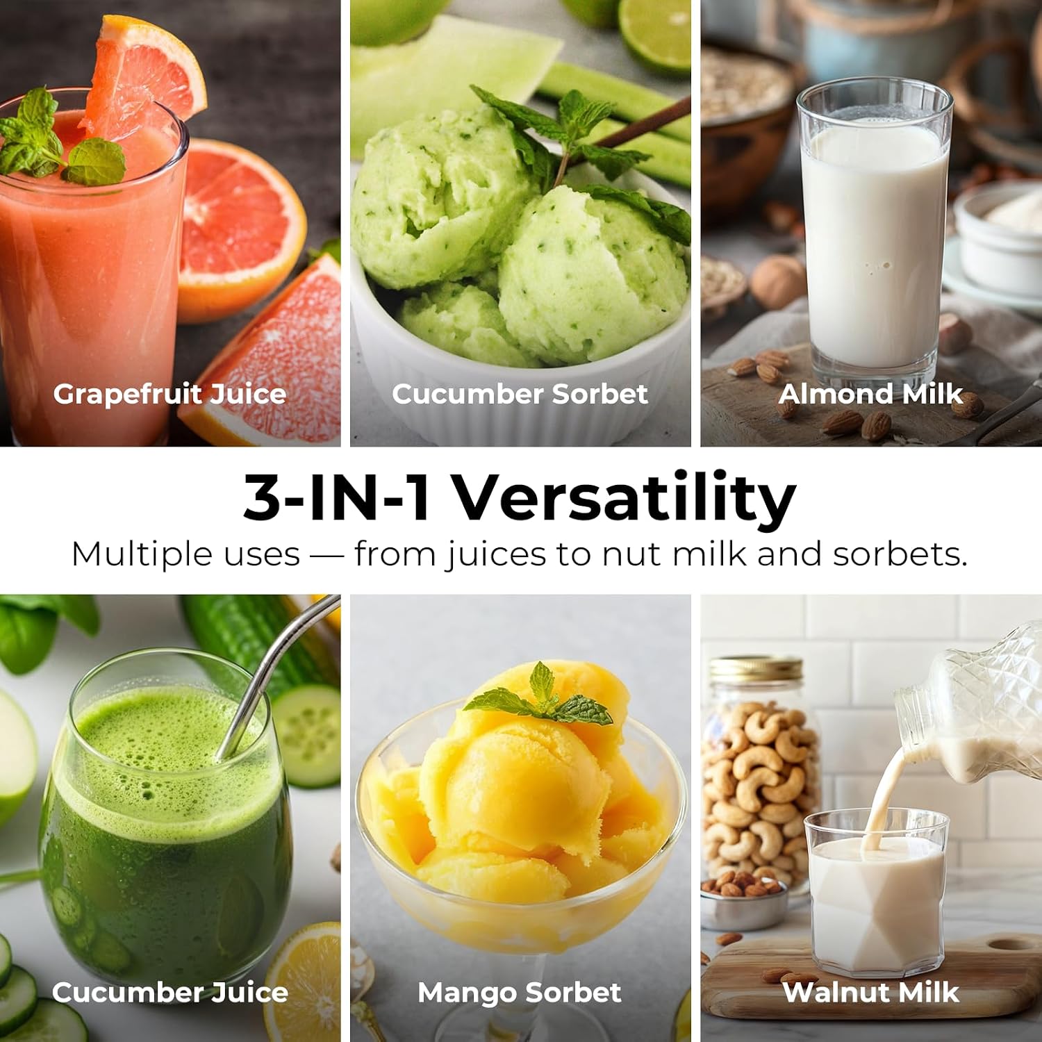 EanOruus Juicer Machines, 3-in-1 Cold Press Juicer with 6.5' Extra Large Chute, 100oz Large Capacity, AC Motor, Makes Juice, Nut Milk & Sorbet, Bright White
