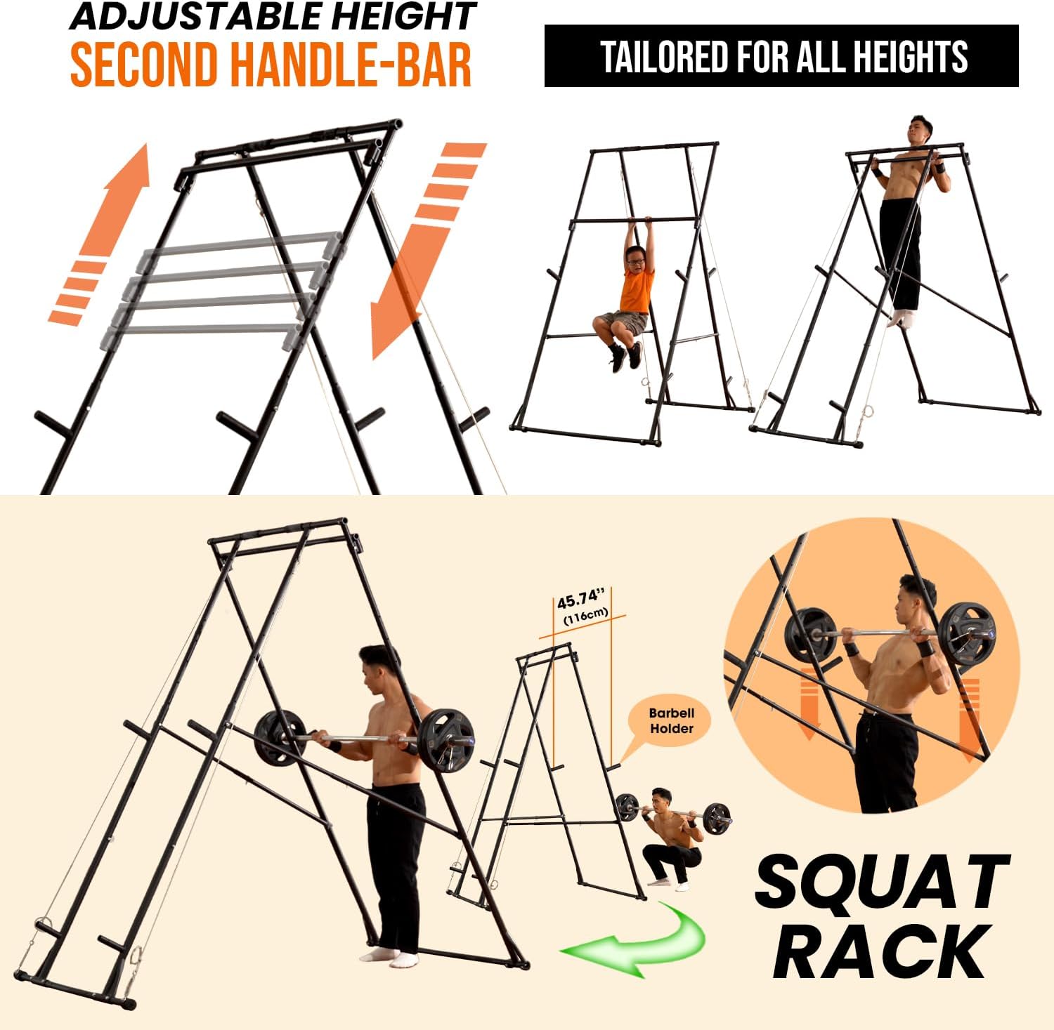 KT Rust-resistant Tall Pull Up Dip Station Squat Rack Foldable Power Tower Stable Multifunctional Exercise Machine Durable Home Gym Strength Training Fitness Equipment Portable Indoor Outdoor Free Standing