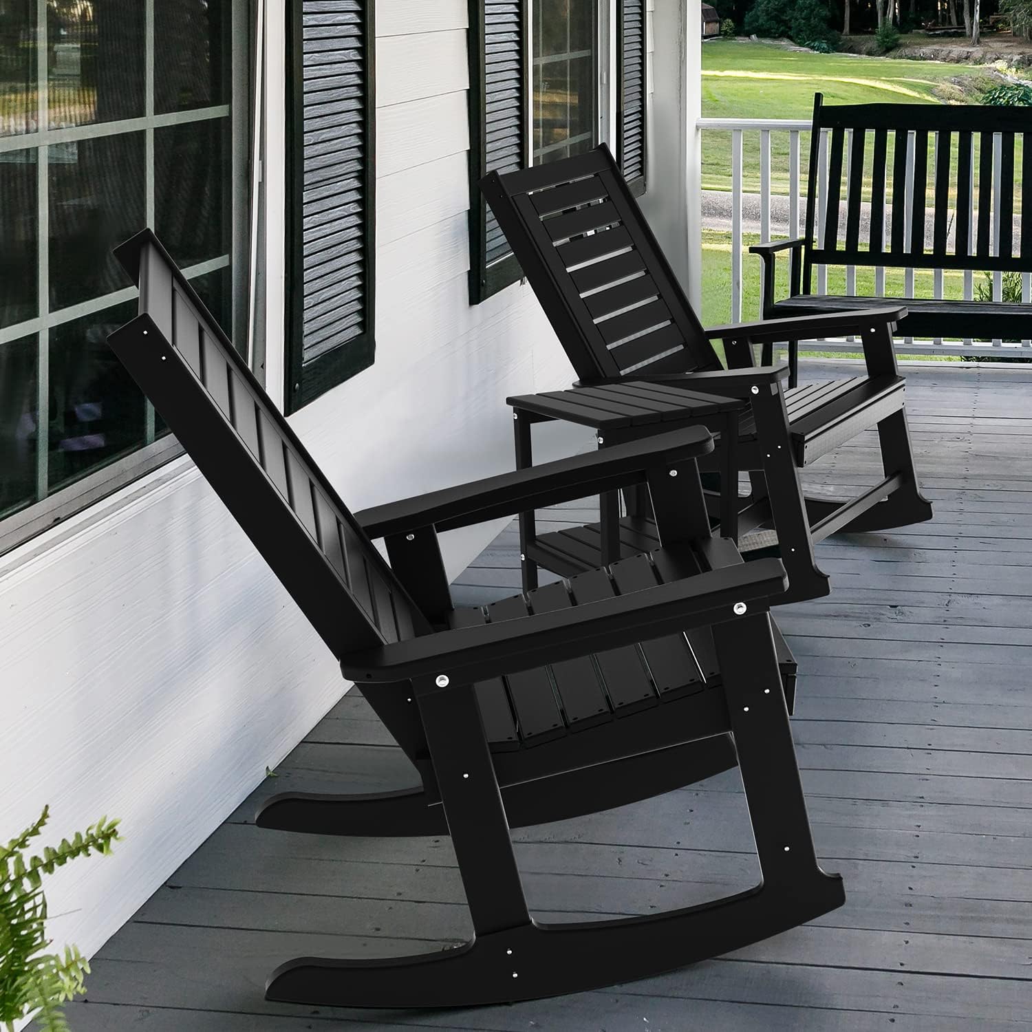 GREENVINES Outdoor Rocking Chairs | Set of 4 | Porch Rocker | HDPE Plastic | Black | Oversized Rockers | High Back | Big & Tall | Ladder Back | for Patio Outside Backyard Balcony Garden