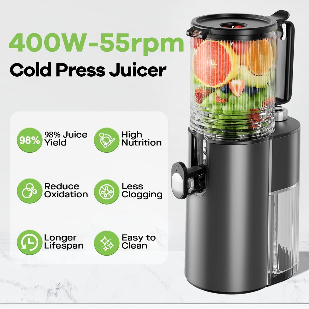 EanOruus Cold Press Juicer, 5.8' Wide Feed Chute Juice Extractor Machine with 400W, High Juice Yield, Slow Masticating Juicer for Whole Vegetables & Fruits, Black Gray
