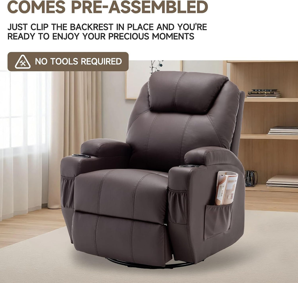 Korser Recliner Chair, Rocker Recliner Chair with Massage and Heat, Manual Recliner Chairs for Adults, 360° Swivel Rocker Recliner with Remote Control and Cup Holder for Living Room, Nursery