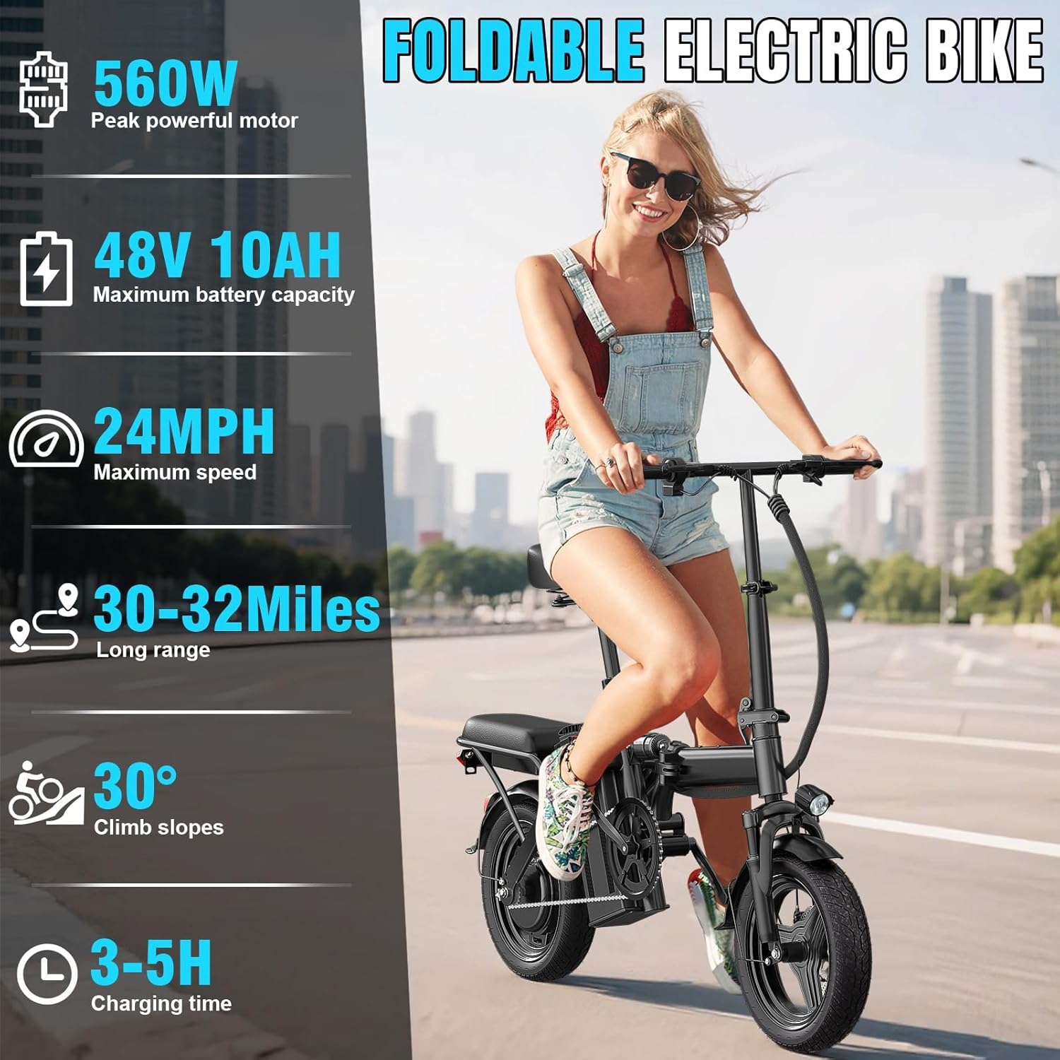 Electric Bike for Adults and Teens, Folding Ebike,Commuter City Foldable E Bike with 560W Motor and 48V 10Ah Battery, 24 MPH Speed Pedals Assist, Dual Disc Brakes,14' Compact Electric Bicycle