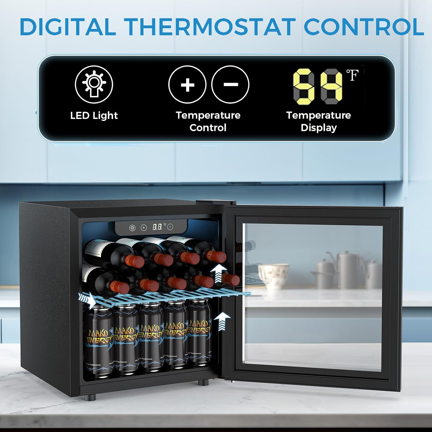COWSAR Beverage Refrigerator, 50 Cans Wine Cooler, ETL Approved 1.3 Cu.ft Mini Fridge with Glass Door, Adjustable Shelves, Digital Temperature Freestanding Small Drink Fridge for Soda Beer or Wine