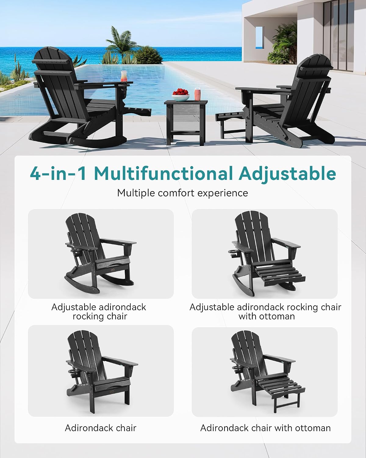 Adjustable Adirondack Rocking Chair with Retractable Ottoman, 4-in-1 Multifunctional Folding Patio Chair with Cup Holder, Outdoor Chair Wood Texture for Lawn, Porch, Backyard, Pool(Black)