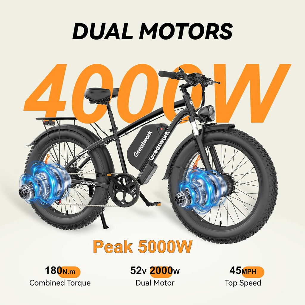 GREATWORK 52V 5000W Peak Dual Motor Electric Bike for Adults, 1300Wh Battery, Up to 45MPH & 100 Miles Range, 26' x 4.0 Fat Tire Electric Dirt Bike with Suspension, Mountain E-Bike for Men Women