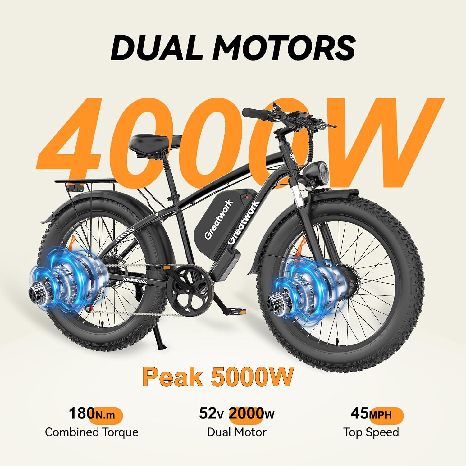 GREATWORK 52V 5000W Peak Dual Motor Electric Bike for Adults, 1300Wh Battery, Up to 45MPH & 100 Miles Range, 26' x 4.0 Fat Tire Electric Dirt Bike with Suspension, Mountain E-Bike for Men Women