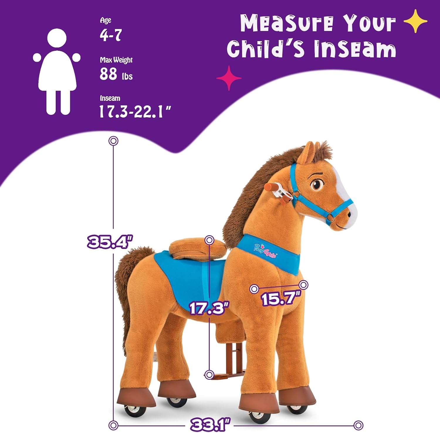 PonyCycle Ride on Horse Toys for Kids Riding Brown Horse Rocking Horse No Battery Required (with Brake/ 35.4' Height/Size 4) Ride-on Pony Giddy up Walking Mechanical Pony E437