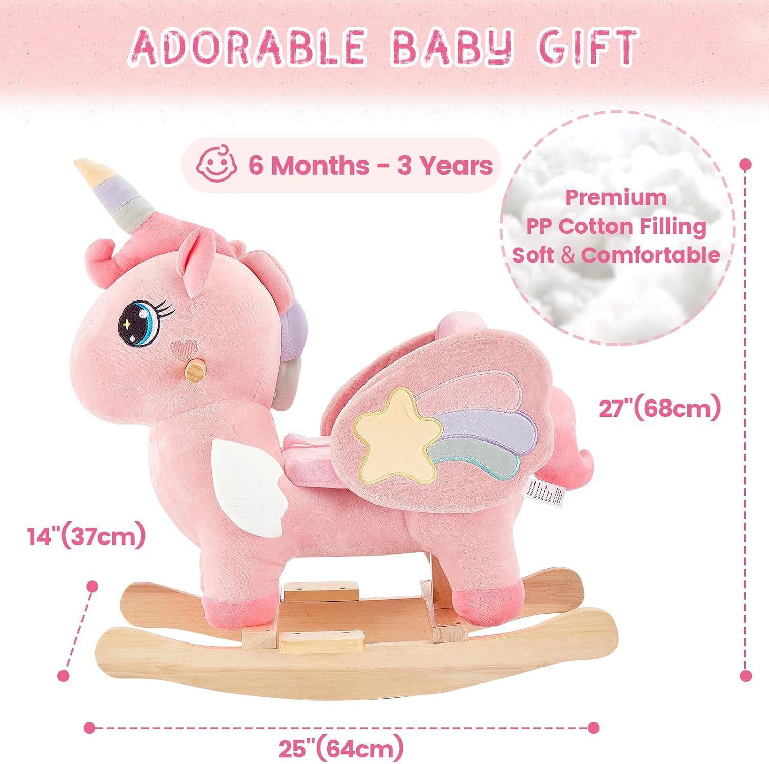 FUNLIO Unicorn Baby Rocking Horse, Pink Fairy Unicorn Rocking Horse for Toddlers 6 Months to 3 Years, Stuffed Ride-on Animal Rocker, Easy to Assemble, CPC & CE Certified