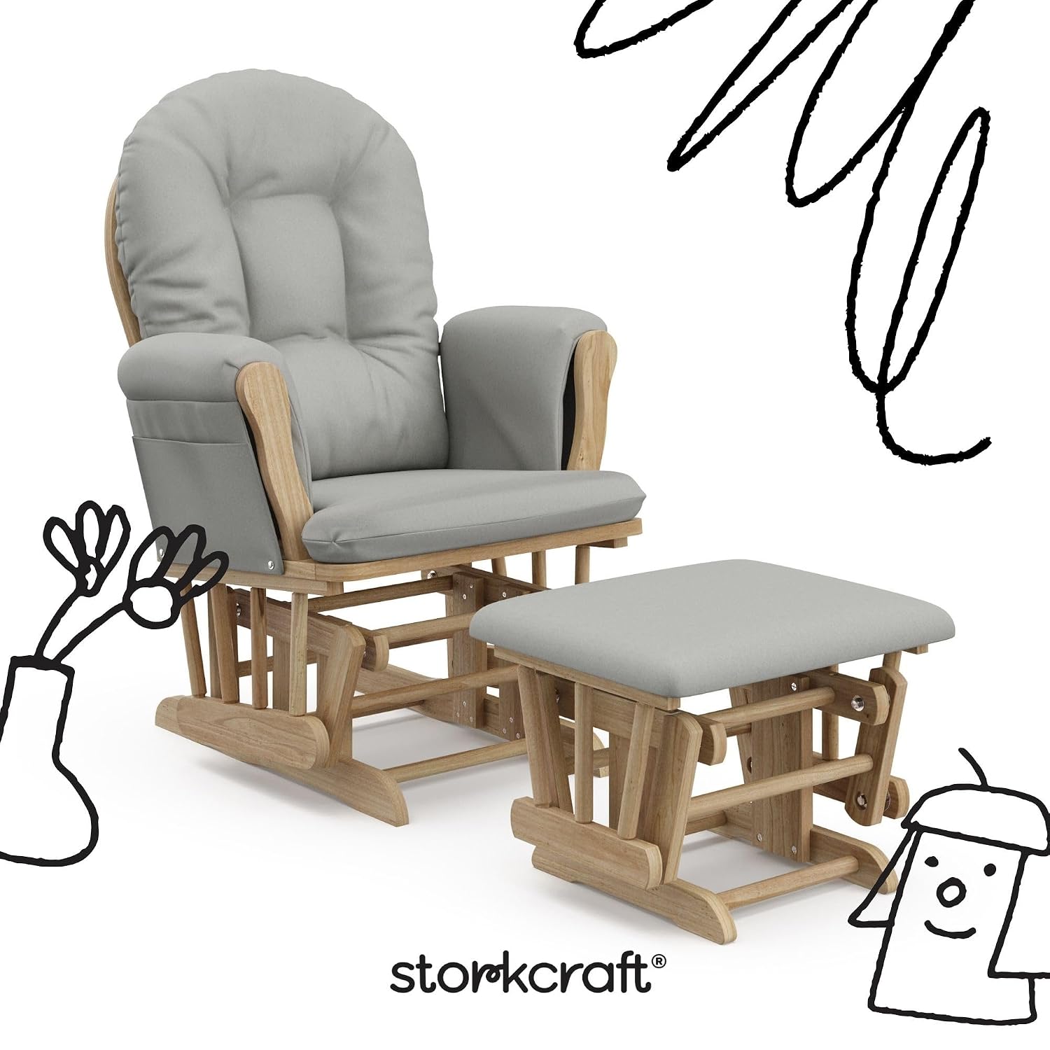 Storkcraft Premium Hoop Glider & Ottoman (Natural/Light Gray) — GREENGUARD Gold Certified Nursery Glider, Solid Wood Craftsmanship, Smooth-Gliding Nursery Chair and Ottoman, Award-Winning