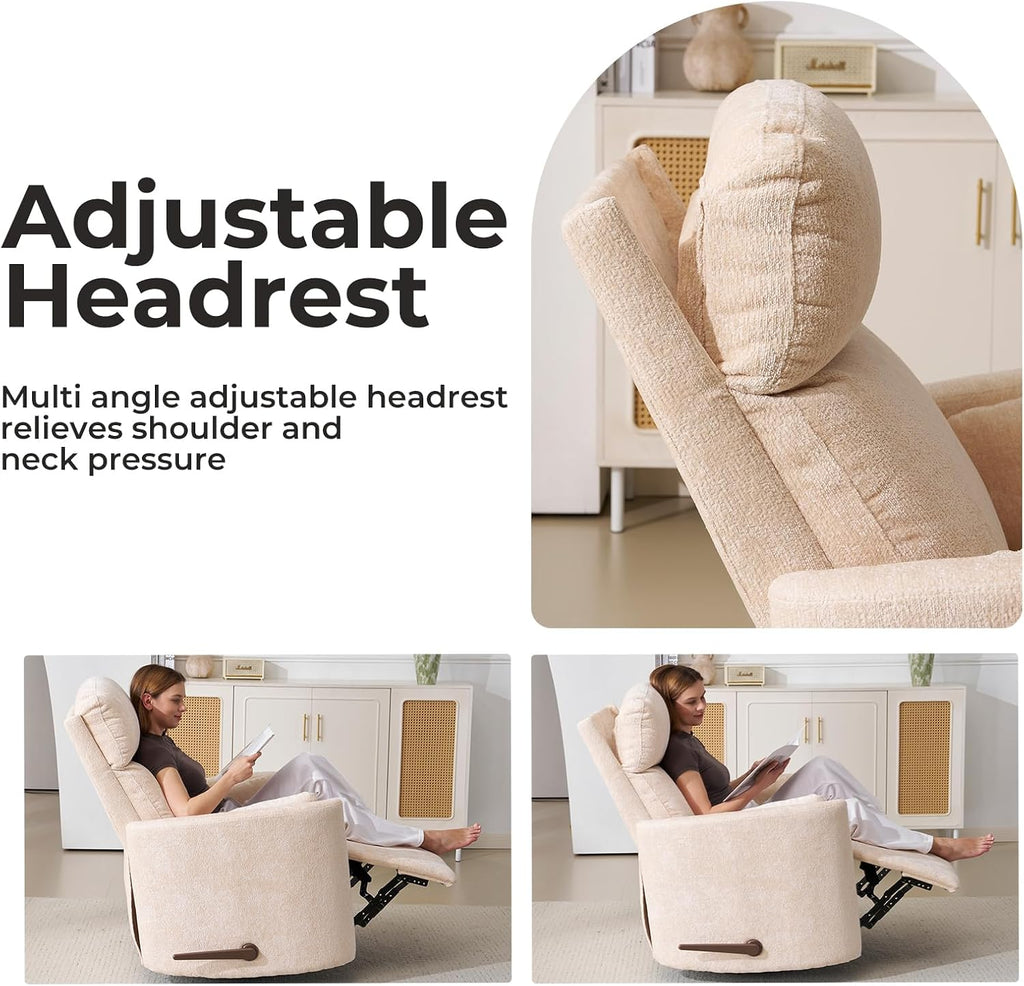 Oversized Swivel Rocker Recliner with Massage and Heat, Swivel Nursery Recliner With Adjustable Headrest, Manual Rocker Recliner Chair with Two Removable Pillows, High Back Barrel Armchair, Beige