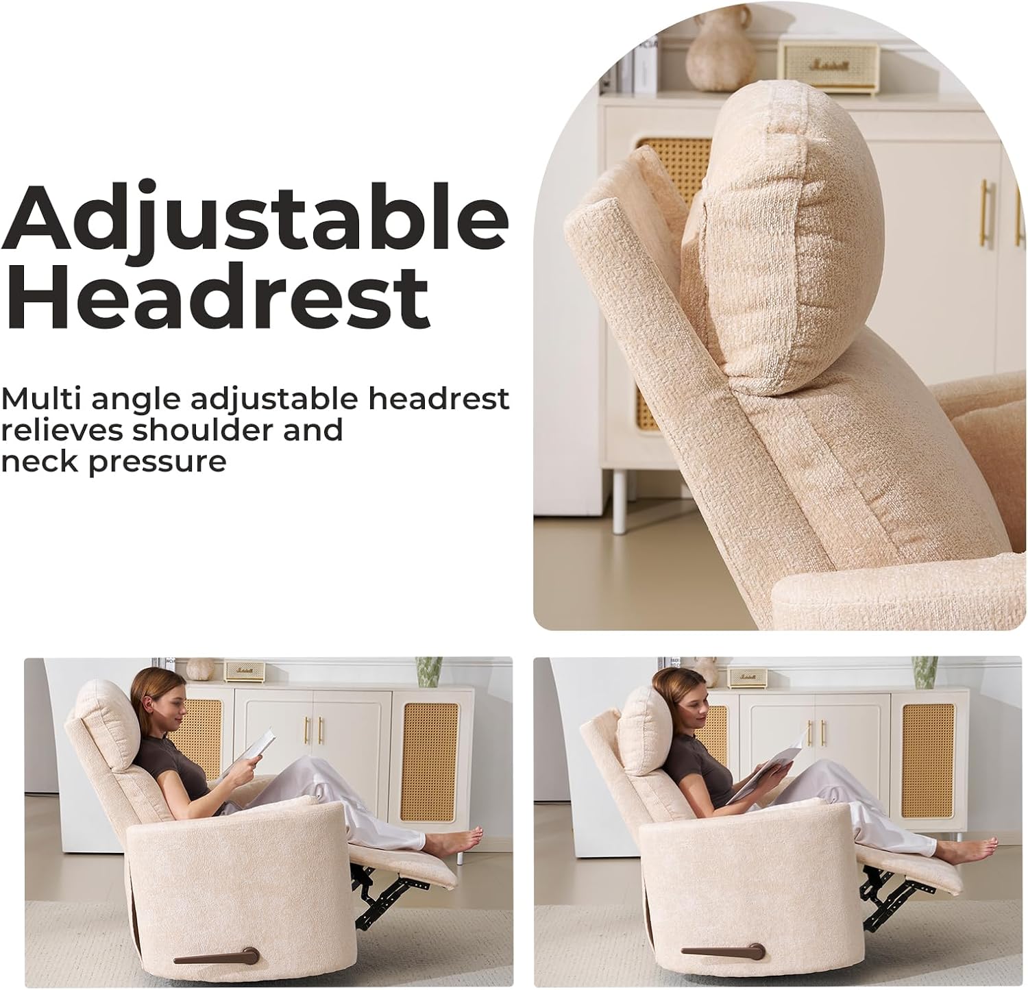 Oversized Swivel Rocker Recliner with Massage and Heat, Swivel Nursery Recliner With Adjustable Headrest, Manual Rocker Recliner Chair with Two Removable Pillows, High Back Barrel Armchair, Beige