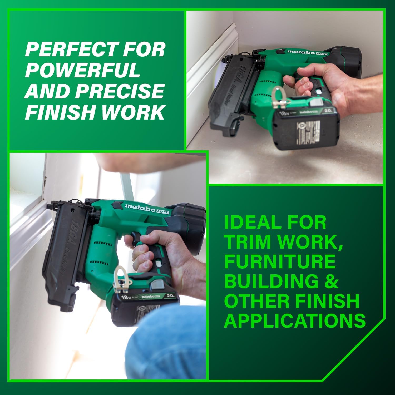 Metabo HPT 18V MultiVolt Brushless Compact Cordless Brad Nailer Kit, 18 Gauge Nailer with Power Tool 2.0Ah Lithium Ion Battery, Drives 5/8' to 2' Brad Nails, NT1850DFT