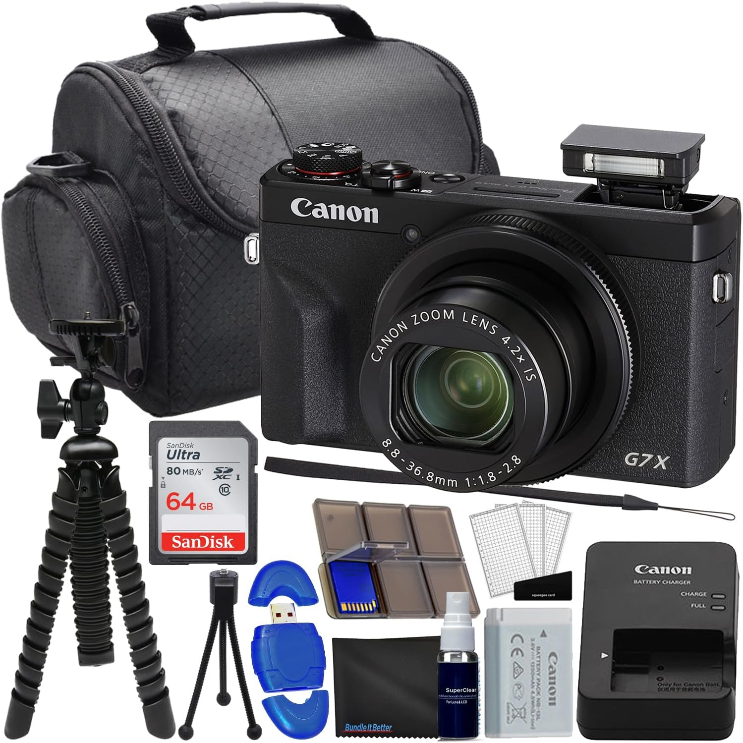 Canon PowerShot G7 X Mark III Digital Camera (Black) Bundle with 64GB Memory, Spider Flex Tripod, USB High Speed Card Reader + Complete Photo Kit (20 Items)
