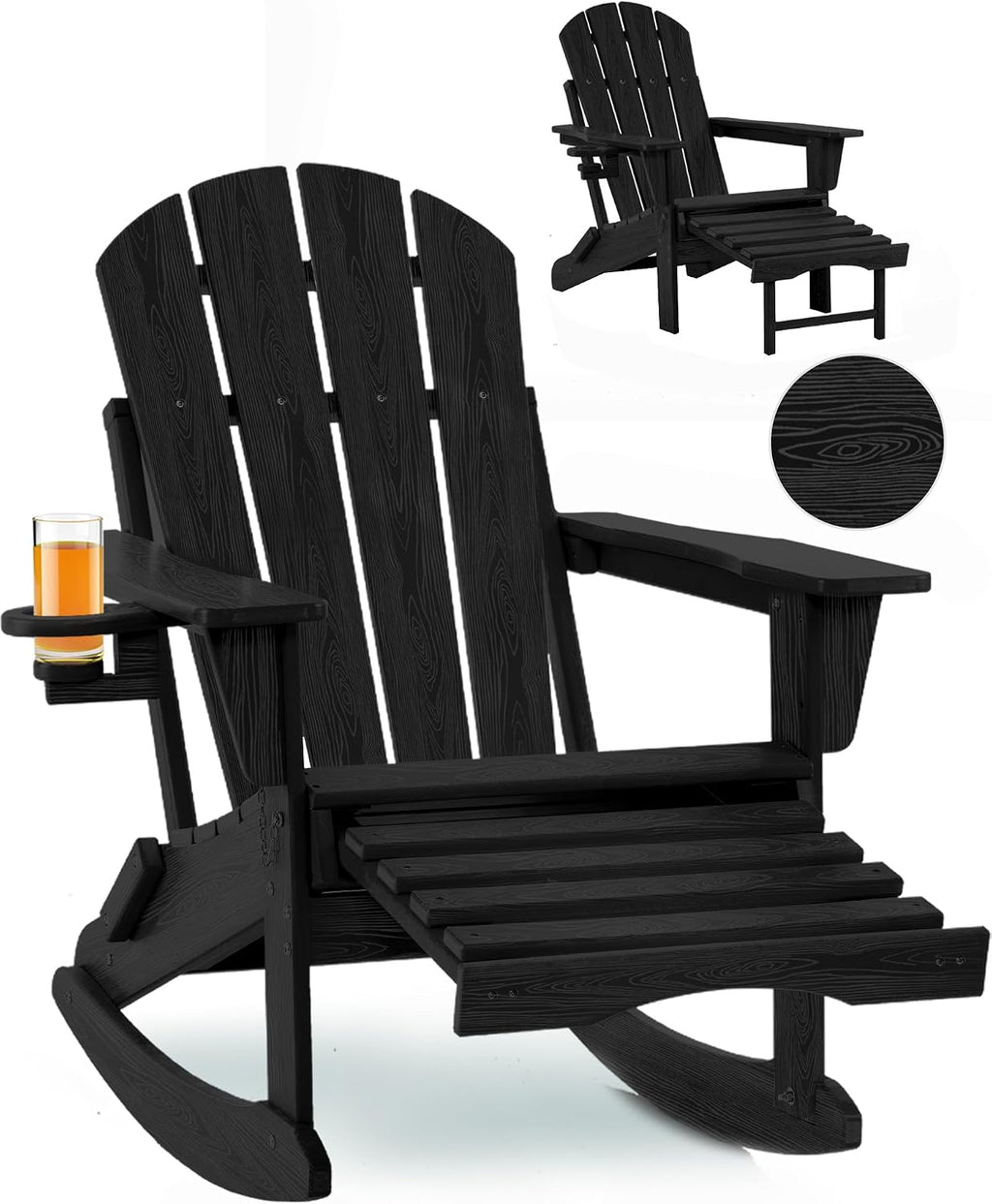 Folding Adirondack Rocking Chair,4-in-1 Multifunctional Patio Chair with Retractable Ottoman, Outdoor Chair Wood Texture, Lawn Chair for Porch, Backyard, Pool(Black)