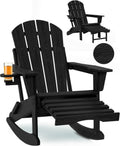 Folding Adirondack Rocking Chair,4-in-1 Multifunctional Patio Chair with Retractable Ottoman, Outdoor Chair Wood Texture, Lawn Chair for Porch, Backyard, Pool(Black)