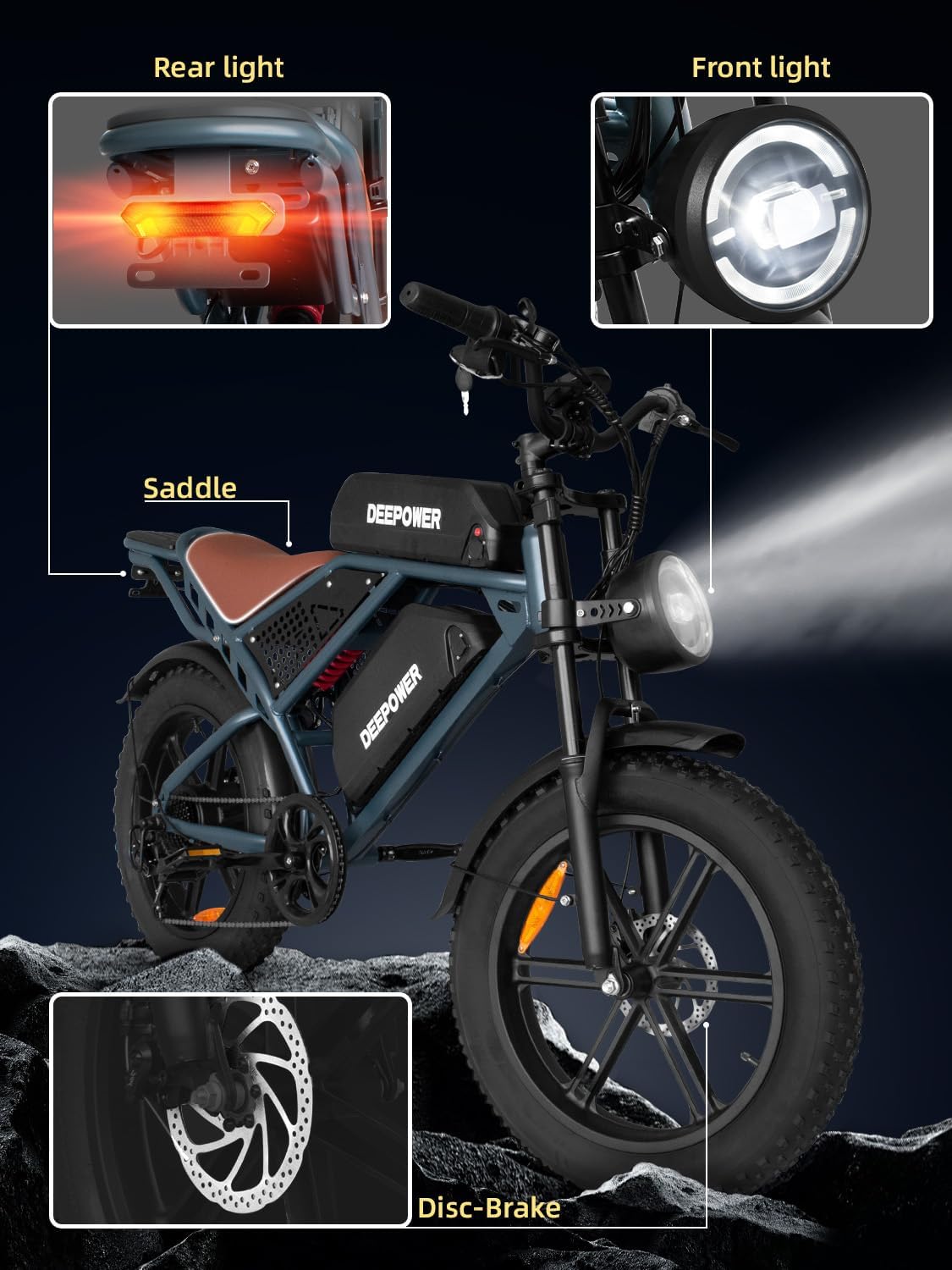 DEEPOWER Electric Bike for Adults,1500W Peak Motor,30MPH Ebike,48V 60AH Battery, 120-180 Miles,20' Fat Tire Electric Dirt Bike, Shaman0 7-Speed Ebikes