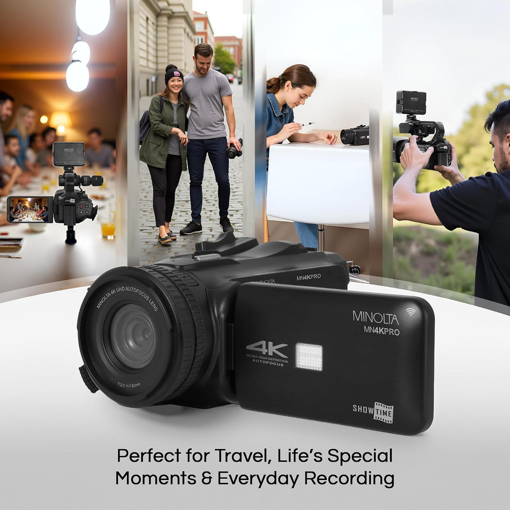 Minolta 64MP Autofocus Video Camera with Microphone & Video Light, 4' Touchscreen, 4K Ultra HD Video, 18x Digital Zoom, WiFi, Stabilizer, 32GB Card, 3100mAh Battery, Carrying Bag (Black)