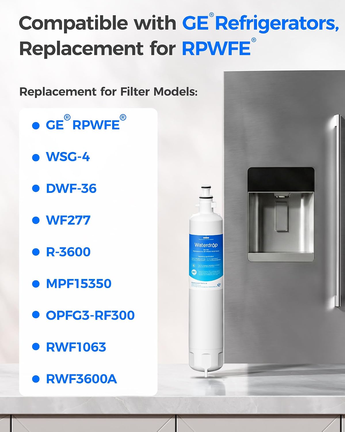 Waterdrop WD-F19C Replacement for GE® RPWFE®, RPWF (Built-in CHIP) Refrigerator Water Filter, Compatible with GFE28GYNFS, GFE28GELDS, PFE28KELDS, PFE28KYNFS, GFD28GELDS, PWE23KELDS, 4 Filters