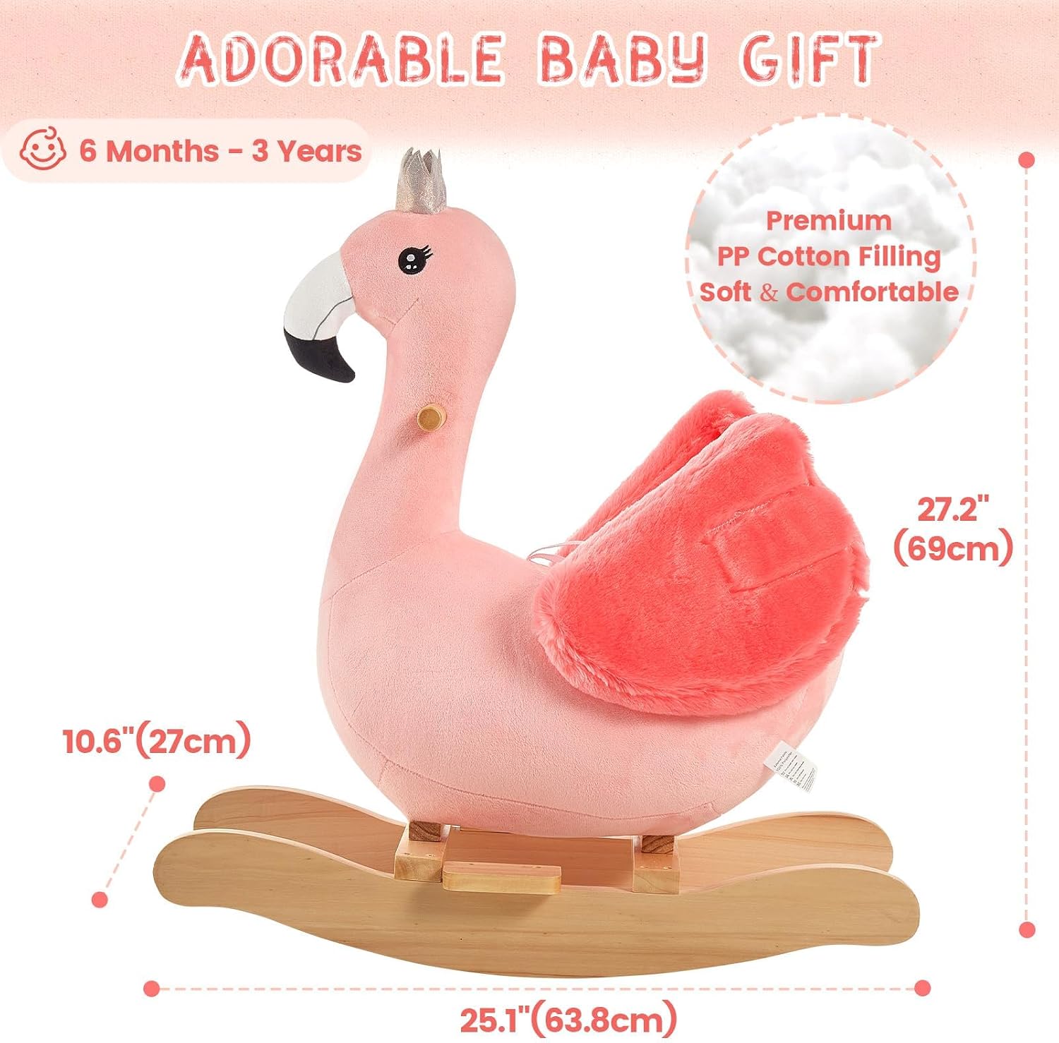 FUNLIO Flamingo Baby Rocking Horse for Toddlers 6 Months to 3 Years, Cute & Graceful Pink Swan Rocker for Baby Girl, Stuffed Plush Ride-on Rocking Animal, Easy to Assemble, CPC & CE Certified