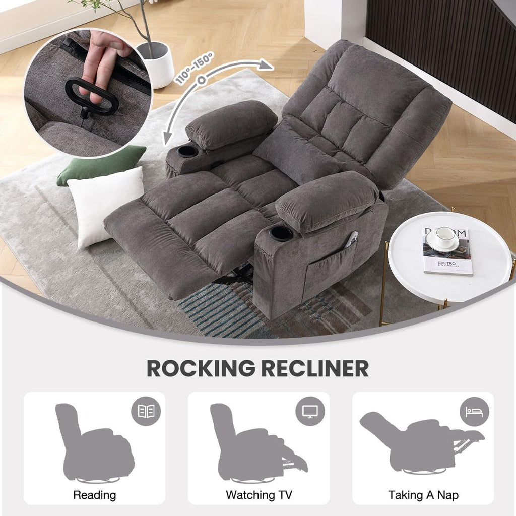 BOSMILLER Oversized Recliner Chair for Adults with Vibration Massage and Lumbar Heating Swivel Rocker Recliner with Cup Holder and USB Charge Port for Living Room