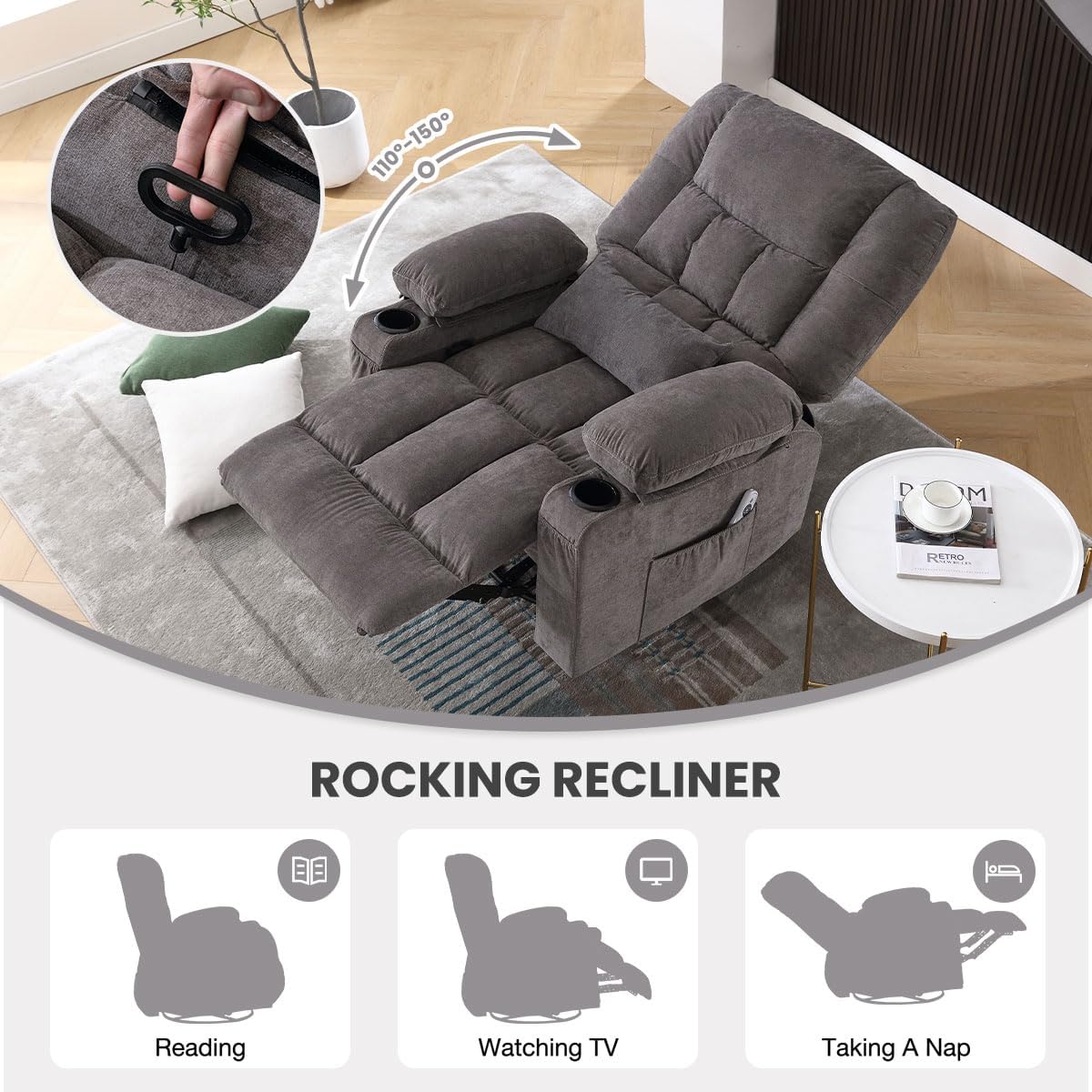 BOSMILLER Oversized Recliner Chair for Adults with Vibration Massage and Lumbar Heating Swivel Rocker Recliner with Cup Holder and USB Charge Port for Living Room