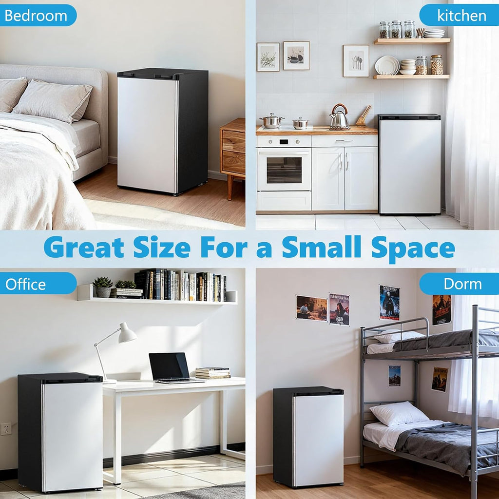 COWSAR 3.2 Cu.ft Mini Fridge with Freezer, Compact Dorm Refrigerator with Reversible Single Door, Adjustable Thermostat, Energy Saving, Perfect for Office, Dorm, Bedroom, Home, Silver