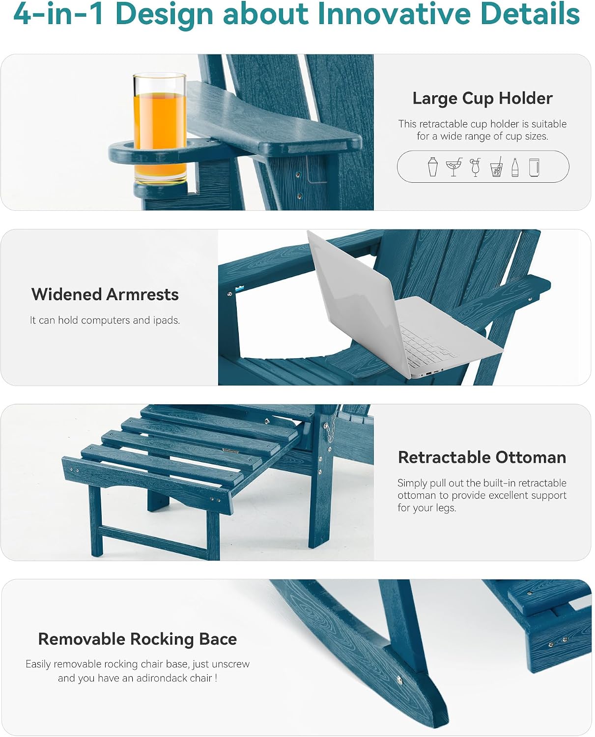 Adjustable Adirondack Rocking Chair with Retractable Ottoman, 4-in-1 Multifunctional Folding Patio Chair with Cup Holder, Outdoor Chair Wood Texture for Lawn,Porch, Backyard,Pool(Navy Blue)