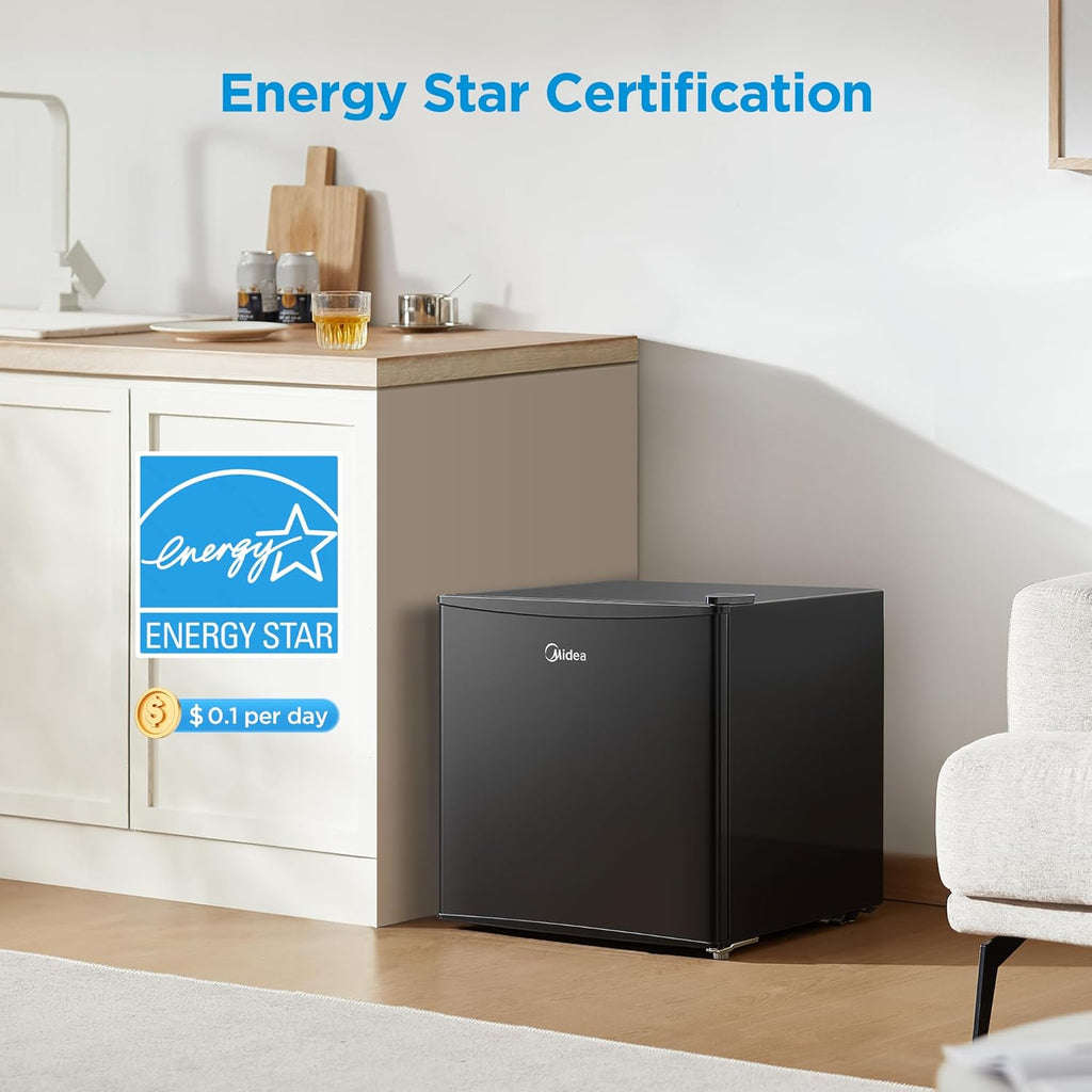 Midea WHS-65LB1 Mini Fridge, 1.6 Cu.ft Energy Star Certified Mini Refrigerator, Adjustable Thermostat, Reversible Door, Low Noise for Dorm, Office, Bedroom, Black
