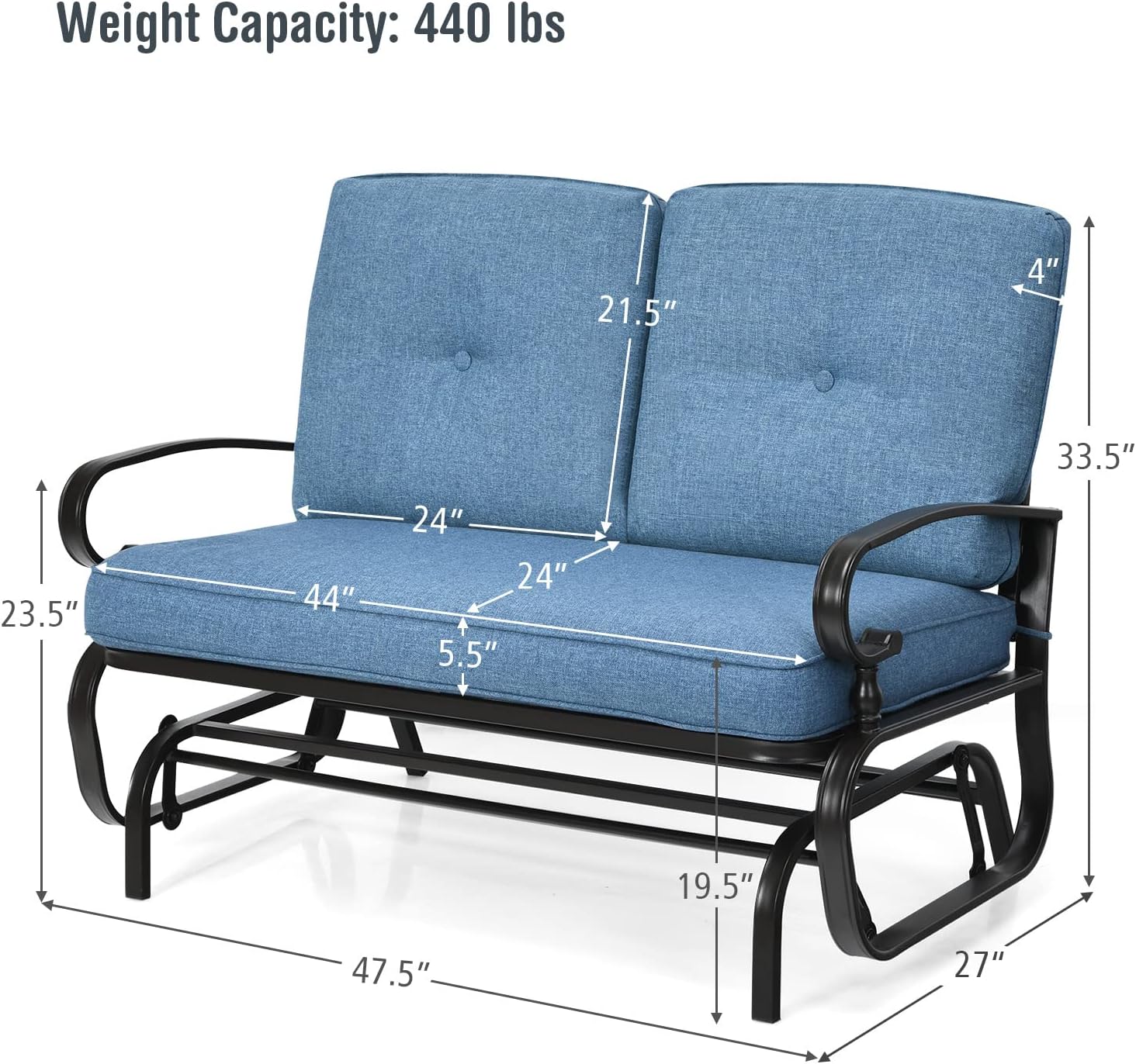 Giantex Outdoor Glider Bench, Patio 2 Person Loveseat with Removable Cushion, Padded Seat, Stable Steel Frame, Outside Glider Swing Chair for Deck, Poolside, Backyard, Balcony, Porch Glider(Navy)