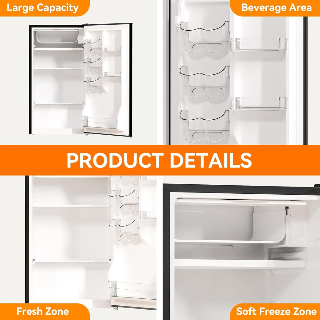 3.2 Cu. Ft. Single Door Mini Fridge with Freezer, Adjustable Thermostat, Energy Saving Low Noise Small Refrigerator for Bedroom Office Dorm, Black
