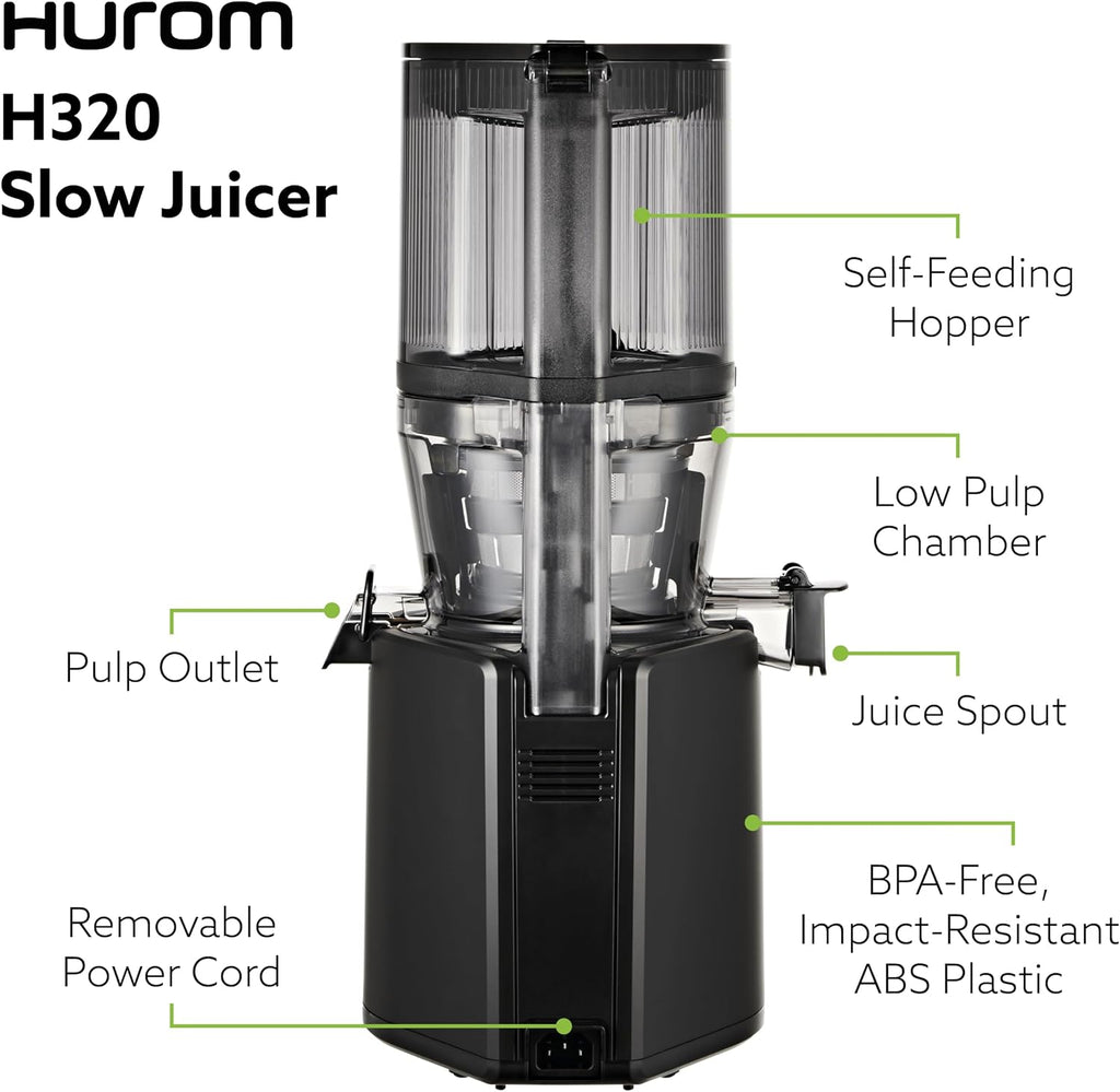 Hurom Black H320 Slow Juicer with German Steel Knife Set, Self-Feeding Cold Press Juice Machine, Corrosion-Resistant and Non-Stick Coated Blades, High Yield, BPA Free (500ml/ 16oz)