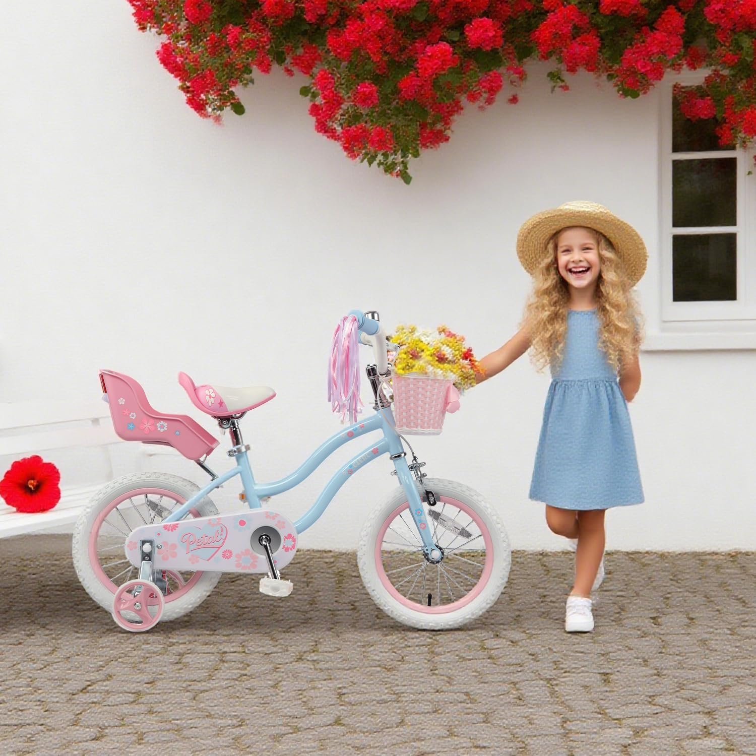 Glerc Petal Girls Bike 12-18 Inch for Ages 2-9, Kids Bike with Training Wheels, Basket & Streamers, Princess Style Kids Bicycle, for Girls