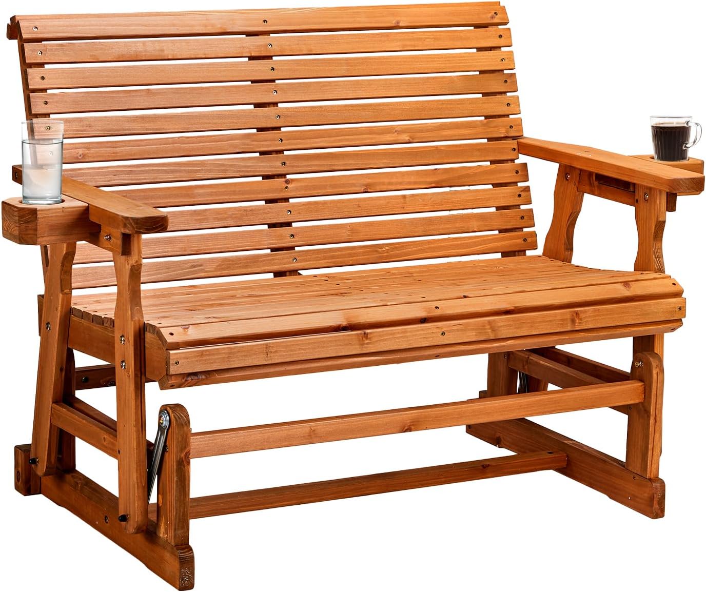VINGLI Outdoor Glider Wood Patio Chair with Cup Holders, Outdoor Bench Glider Loveseat with Smooth Rocking Mechanism, Heavy Duty 800 LBS
