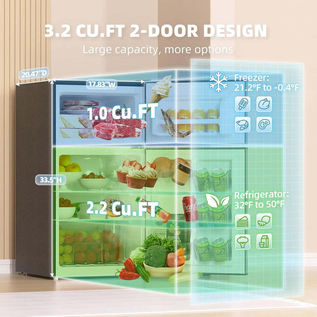 Mini Fridge with Freezer 3.2 Cu.Ft. 2 Door Refrigerator and Freezer Small Fridge for Bedroom Home Office Dorm, Small Drink Chiller, 37 dB Low Noise, Stainless Steel