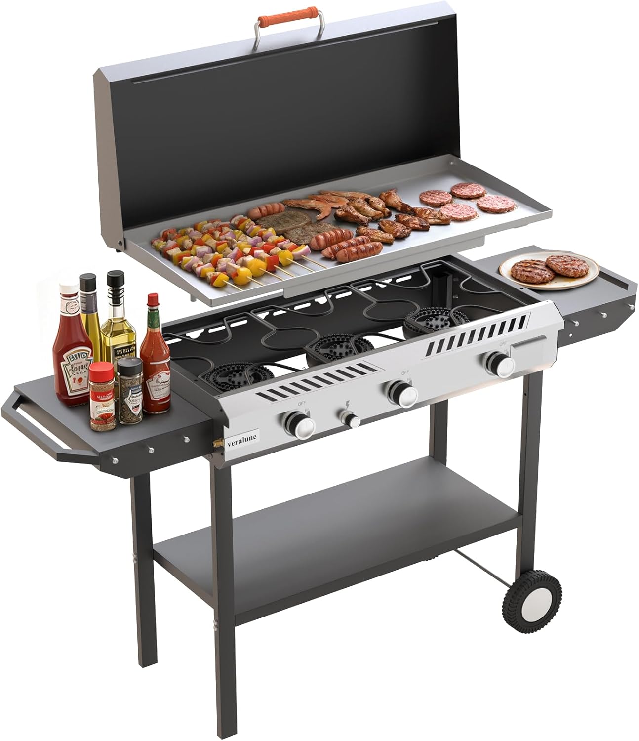 Veralune 3 Burner Propane Stove with Auto Ignition, 225,000 BTU Gas Griddle with Storage Shelf, Rolling Wheels, Portable Outdoor Cooking Stove for Patio Home Cooking and Frying
