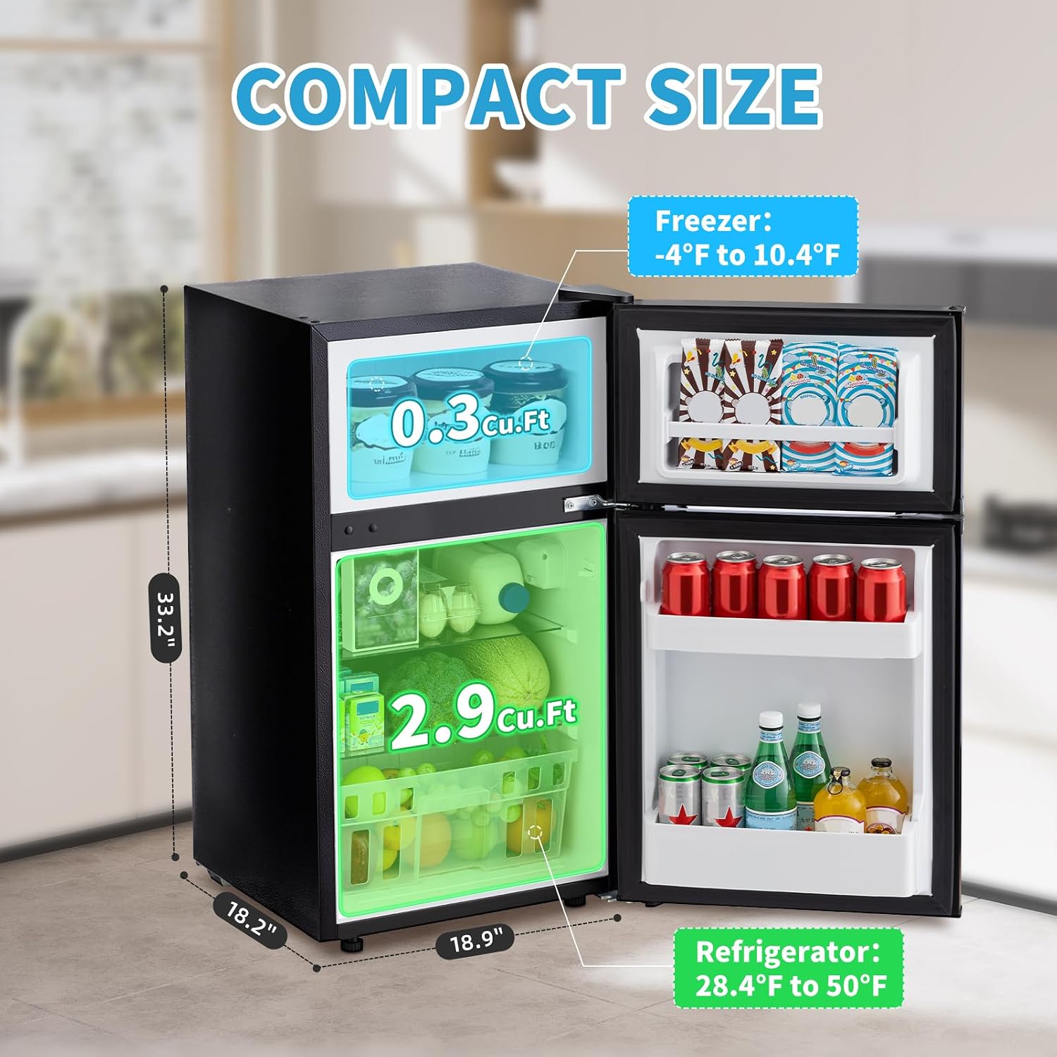 3.2 Cu.Ft Mini Fridge with Freezer, Double Door Small Refrigerator, Dorm Fridge with 3 Adjustable Thermostat, Energy Saving, Low Noise, Compact Refrigerator for Office, Bedroom, Dorm, Black